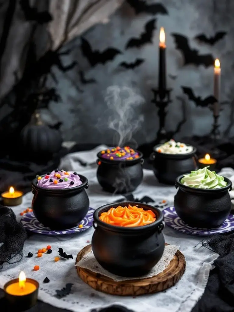 The Ultimate Harry Potter Party Menu — 18 Enchanting Recipes 6 A display of cauldron cakes with colorful frosting and spooky decorations, perfect for a Harry Potter themed party.