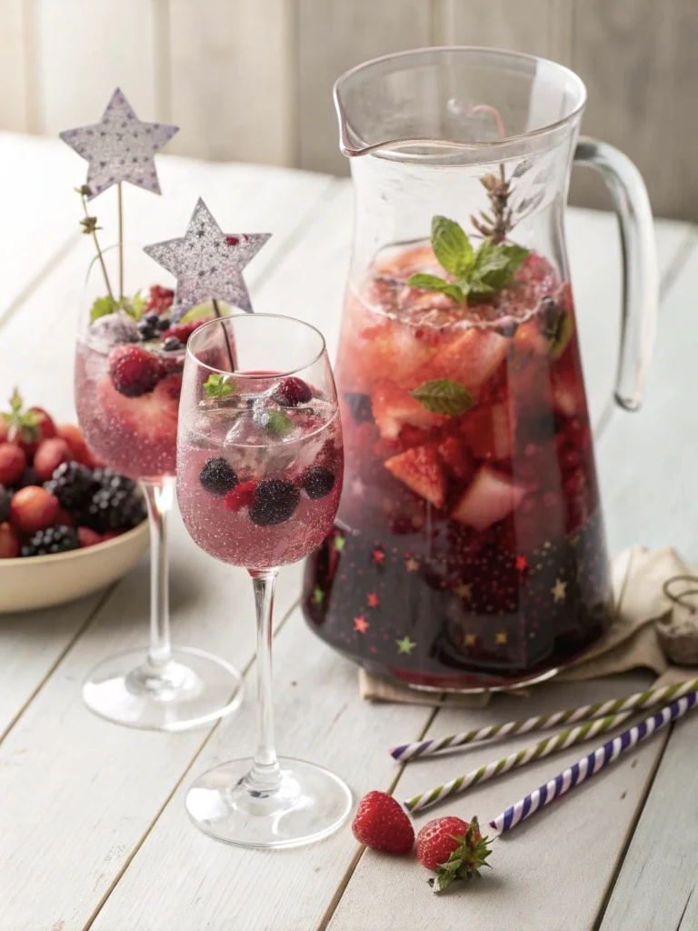 A pitcher of berry-infused drink with glasses and fresh berries around it.
