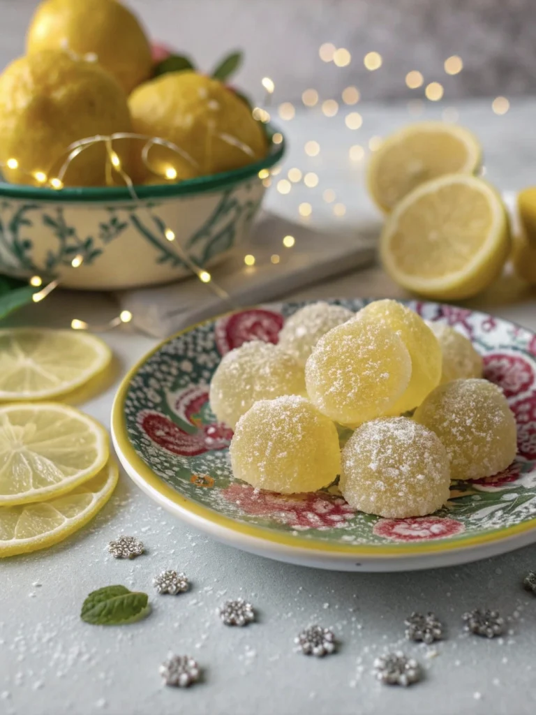 A plate of lemon drops with fresh lemons and sugar, perfect for a Harry Potter themed party.