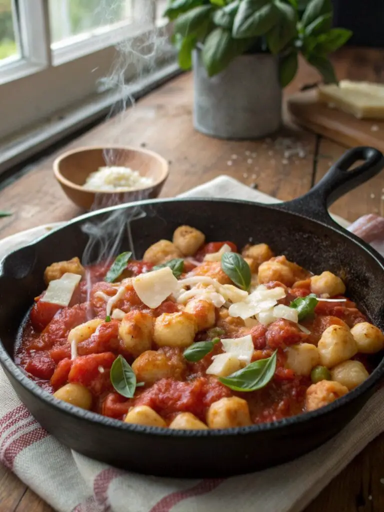 crispy gnocchi simmered in tomato sauce in one skillet