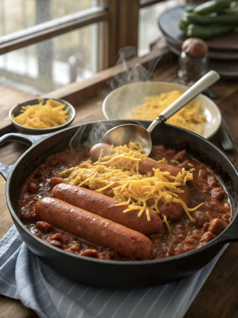A pan with hot dogs topped with cheese in a chili sauce.