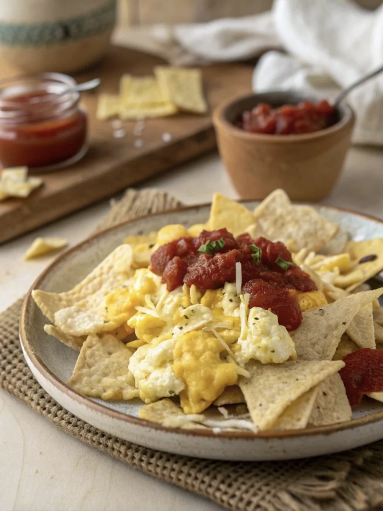A bowl of budget migas with tortilla chips, cheese, salsa, and scrambled eggs.