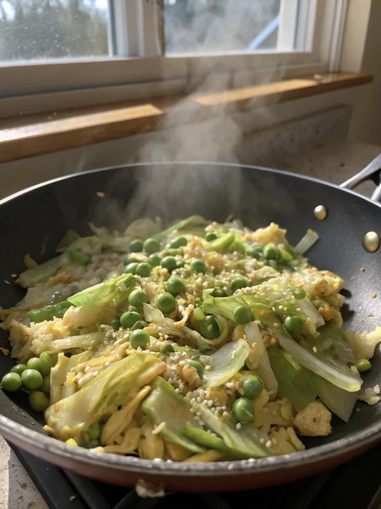 A delicious cabbage and egg stir fry with sesame seeds on top.