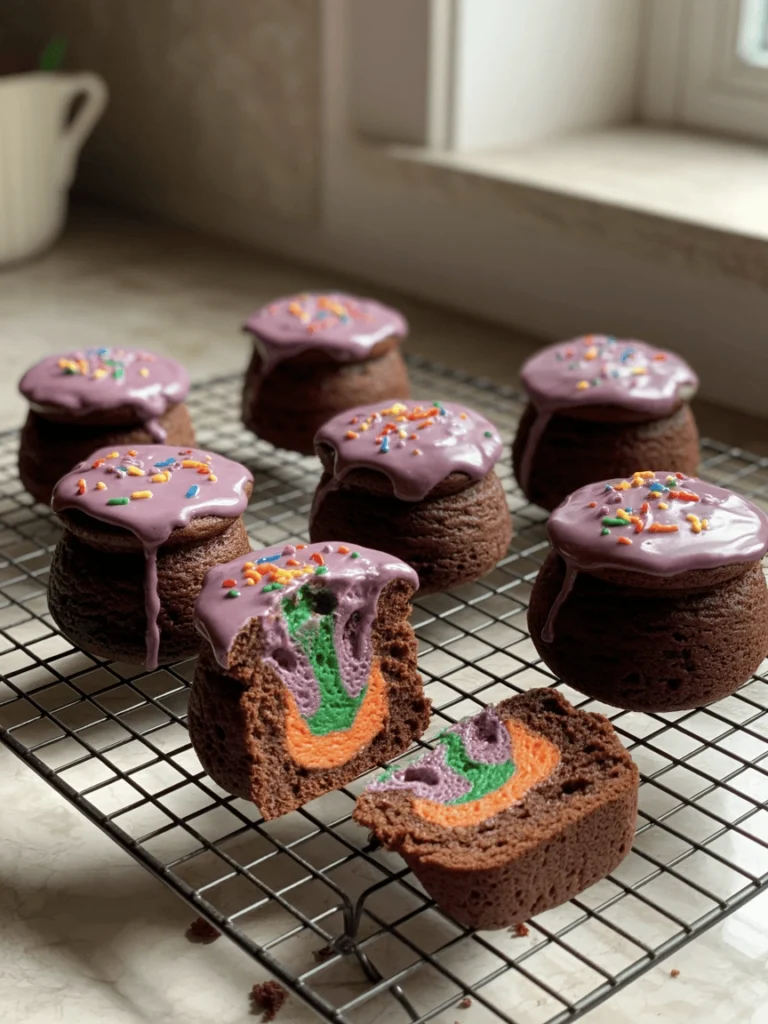 A display of cauldron cakes with colorful frosting and spooky decorations, perfect for a Harry Potter themed party.