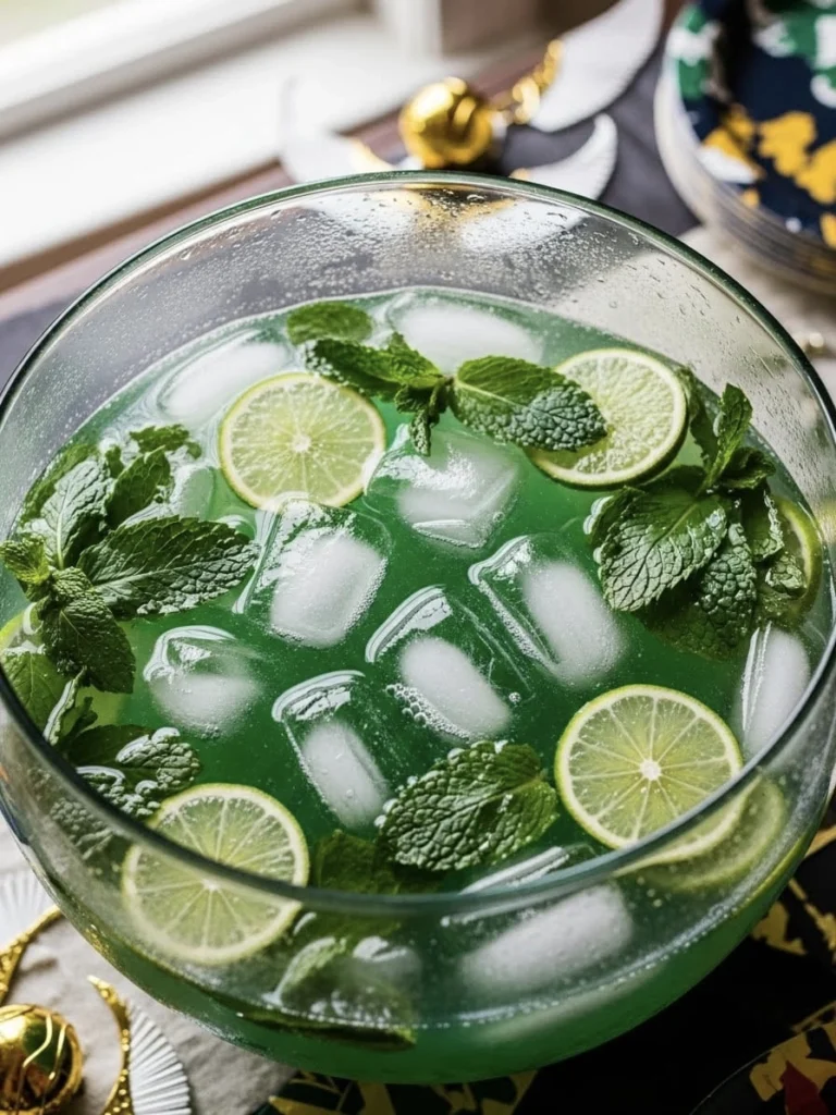 A vibrant green punch in a bowl, garnished with mint leaves, surrounded by green decorations.