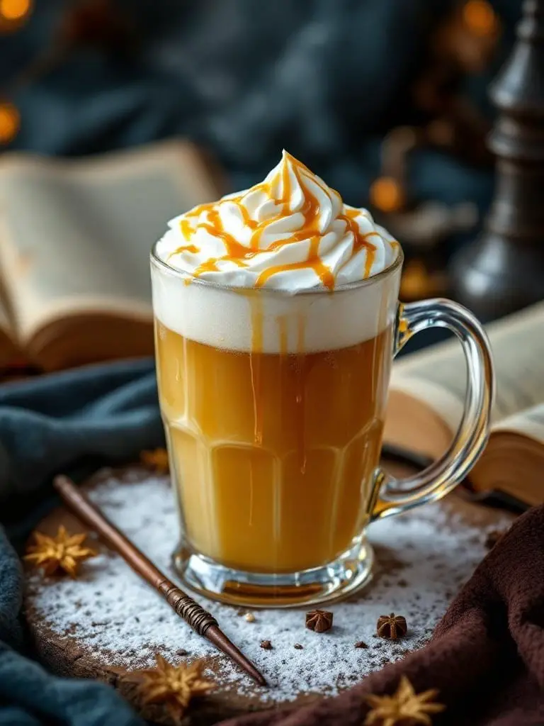 The Ultimate Harry Potter Party Menu — 18 Enchanting Recipes 2 Warm frothy Butterbeer in a glass mug with whipped cream and caramel drizzle