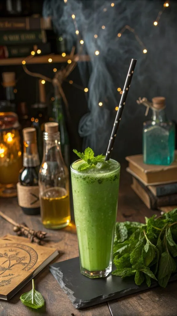 A green smoothie in a tall glass garnished with mint leaves, surrounded by herbs and bottles.