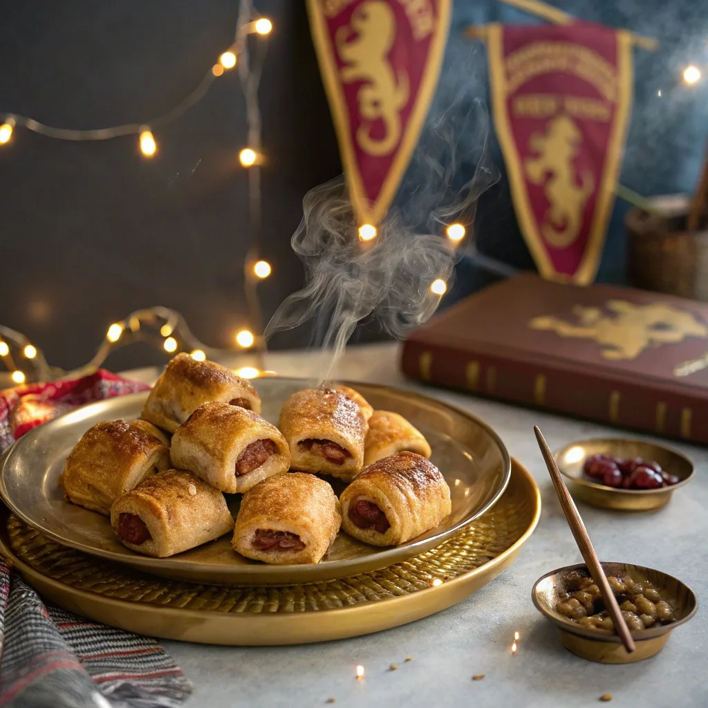 Golden sausage rolls on a baking tray with flaky pastry and sesame seeds