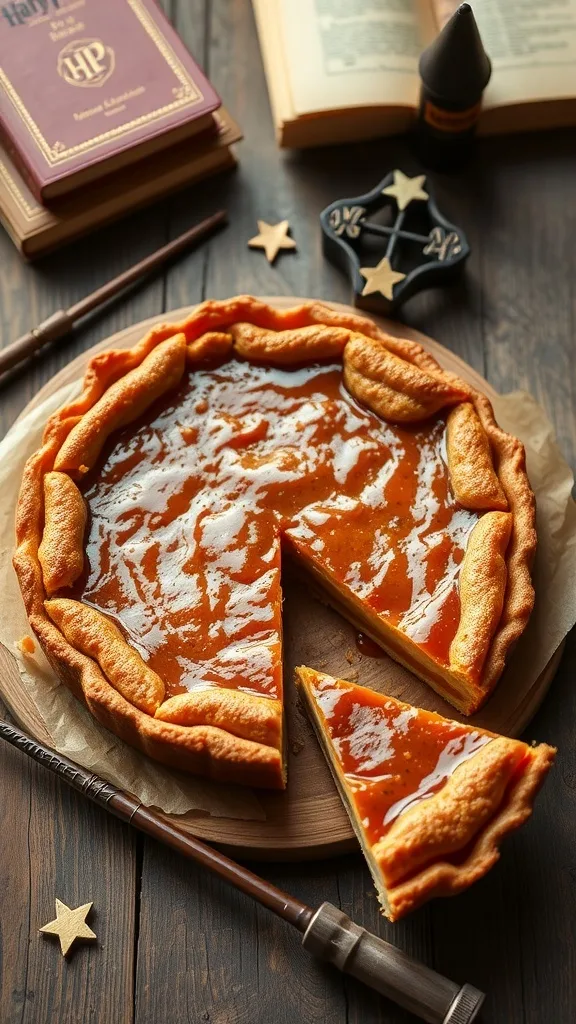 A treacle tart with one slice cut