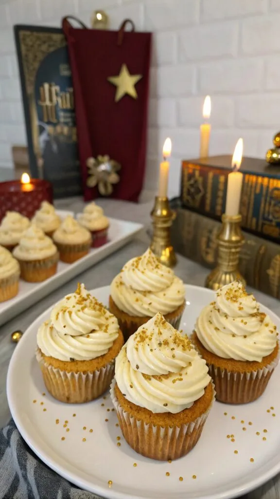 Butterscotch Butterbeer cupcakes topped with whipped frosting and gold sprinkles