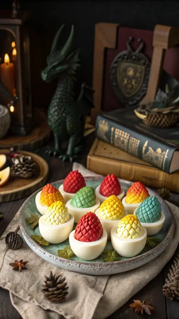 The Ultimate Harry Potter Party Menu — 18 Enchanting Recipes 15 Colorful deviled 'dragon eggs' on a platter with edible shimmer