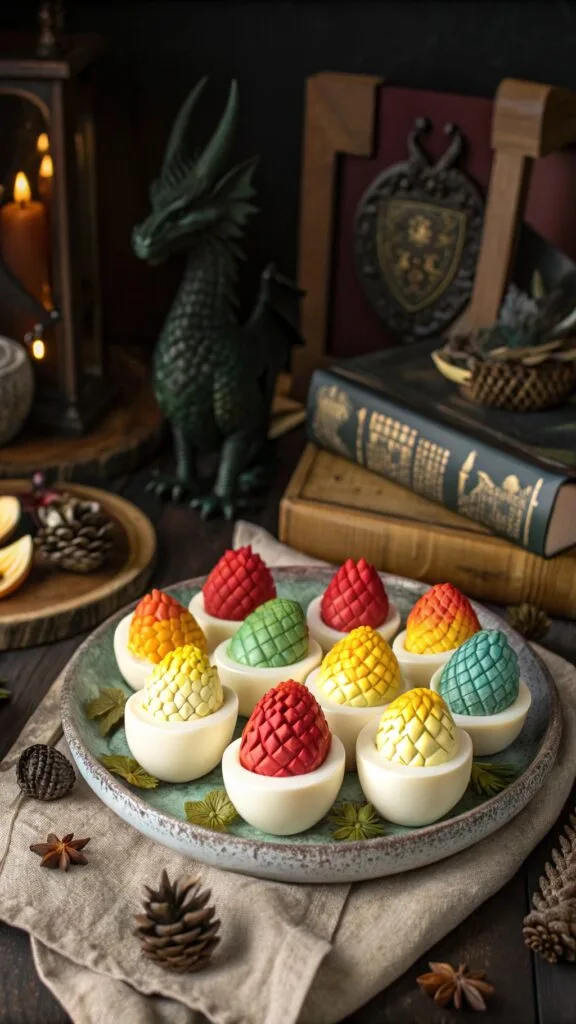 Colorful deviled 'dragon eggs' on a platter with edible shimmer