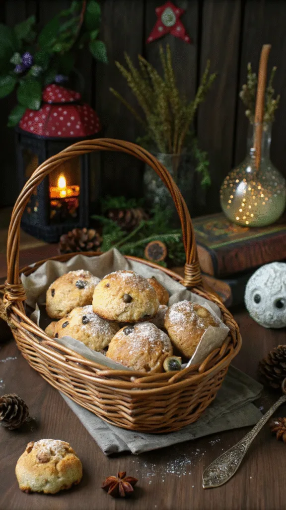 Rustic rock cakes on a baking sheet, studded with dried fruit