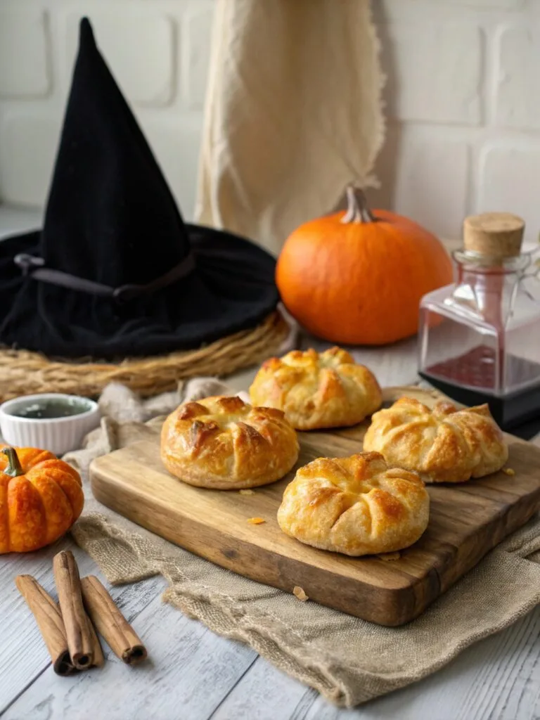 Golden baked pumpkin pasty with flaky crust on parchment and powdered sugar