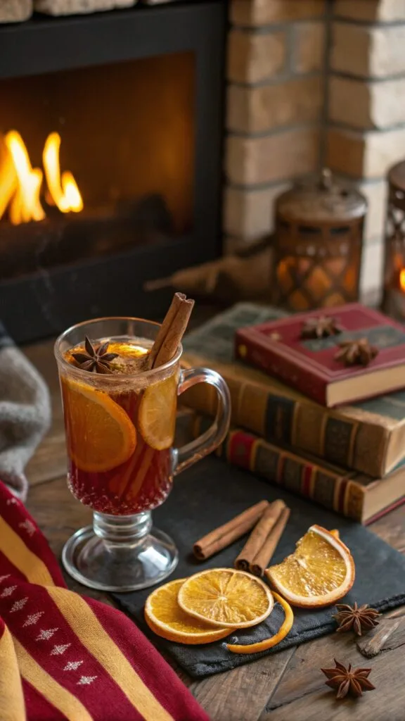 A warm cup of spiced apple cider with orange slices and cinnamon sticks, set against a cozy fireplace backdrop.
