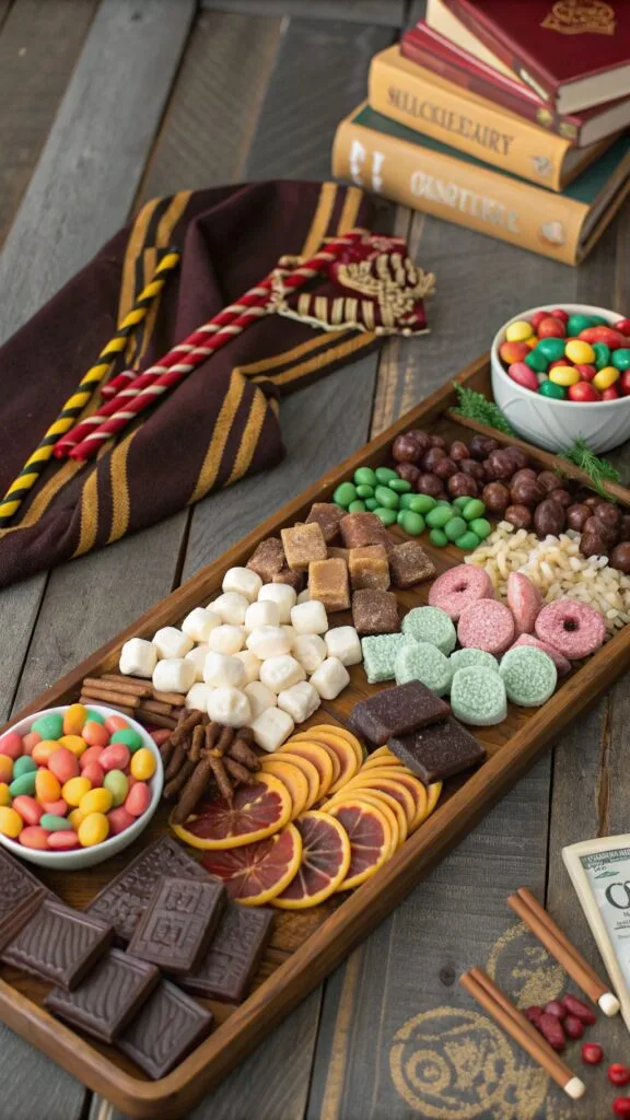 A beautifully arranged candy charcuterie board inspired by Honeydukes from Harry Potter, featuring various sweets and treats.
