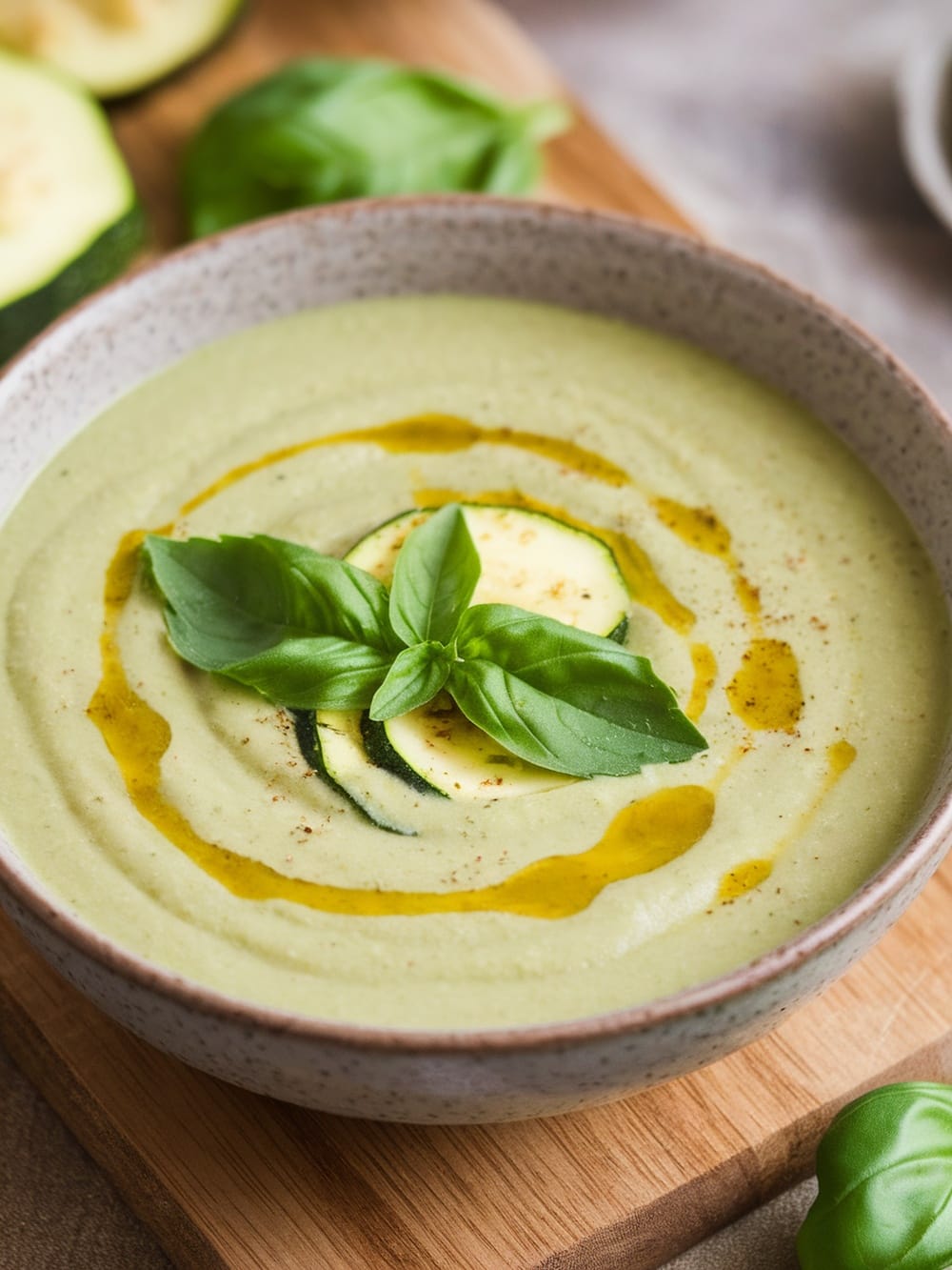 13 Cozy Vegan Soups For Chilly Fall Nights (Easy & Make-Ahead) 10 A bowl of creamy zucchini and basil soup garnished with fresh basil leaves and a drizzle of olive oil.