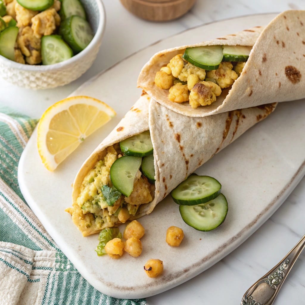 24 Struggle Meals That Actually Taste Great 10 Ingredients for chickpea smash wraps including chickpeas, yogurt, cucumbers, tomatoes, pickles, and tortillas.
