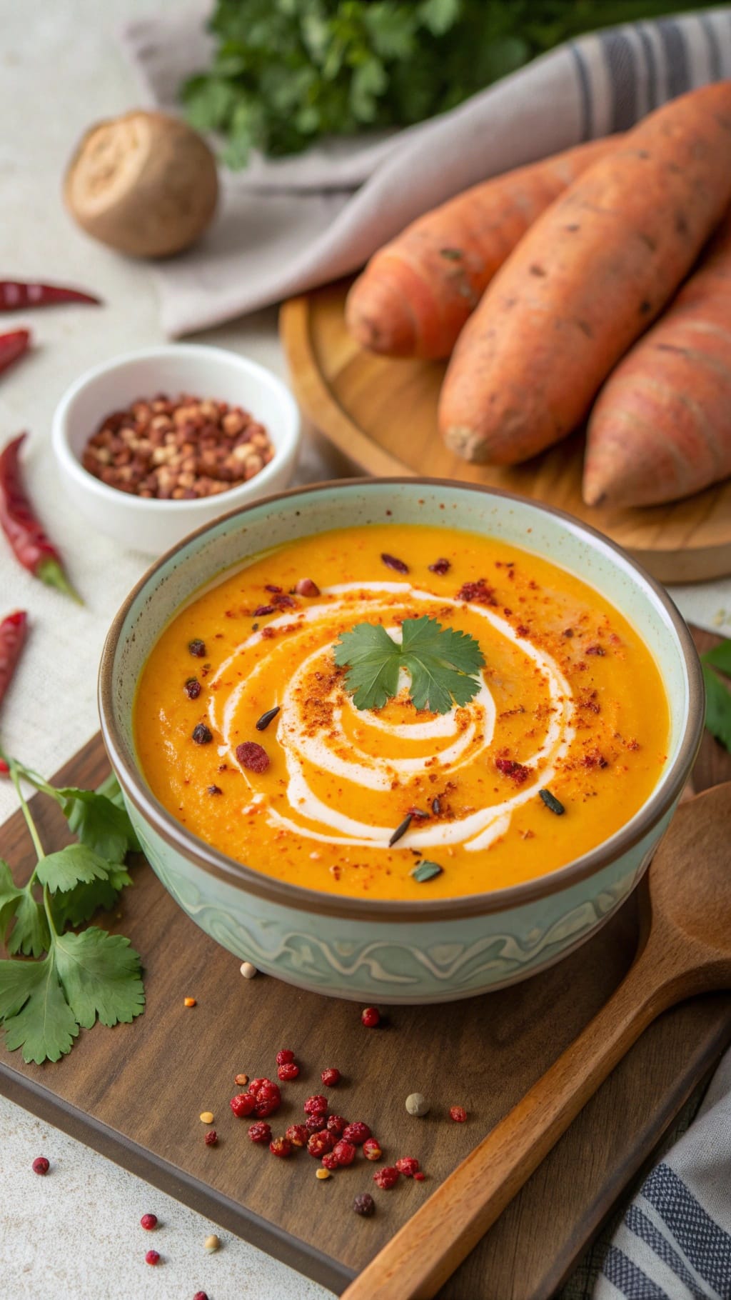 12 Insanely Cozy Fall Soups You’ll Make All Season 8 A bowl of spicy sweet potato soup garnished with cilantro and a swirl of cream.