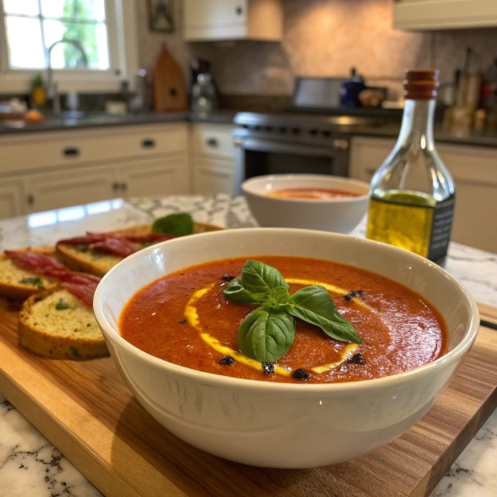 13 Cozy Vegan Soups For Chilly Fall Nights (Easy & Make-Ahead) 7 A bowl of roasted tomato and basil soup on a wooden countertop