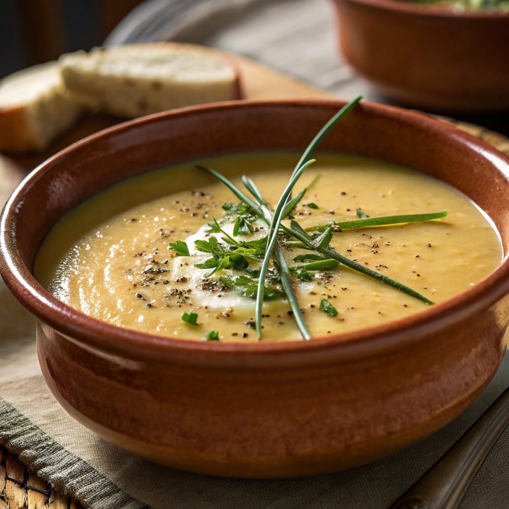 13 Cozy Vegan Soups For Chilly Fall Nights (Easy & Make-Ahead) 2 A bowl of creamy cauliflower and leek soup garnished with chives.