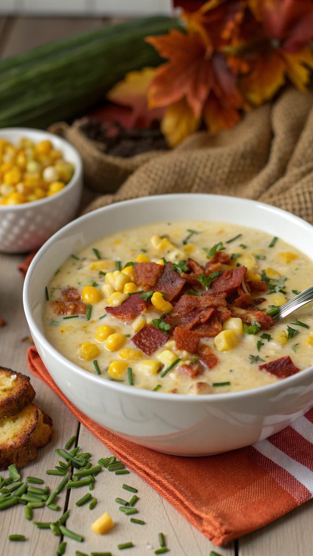 12 Insanely Cozy Fall Soups You’ll Make All Season 12 A bowl of corn chowder topped with bacon and chives, served with slices of bread.