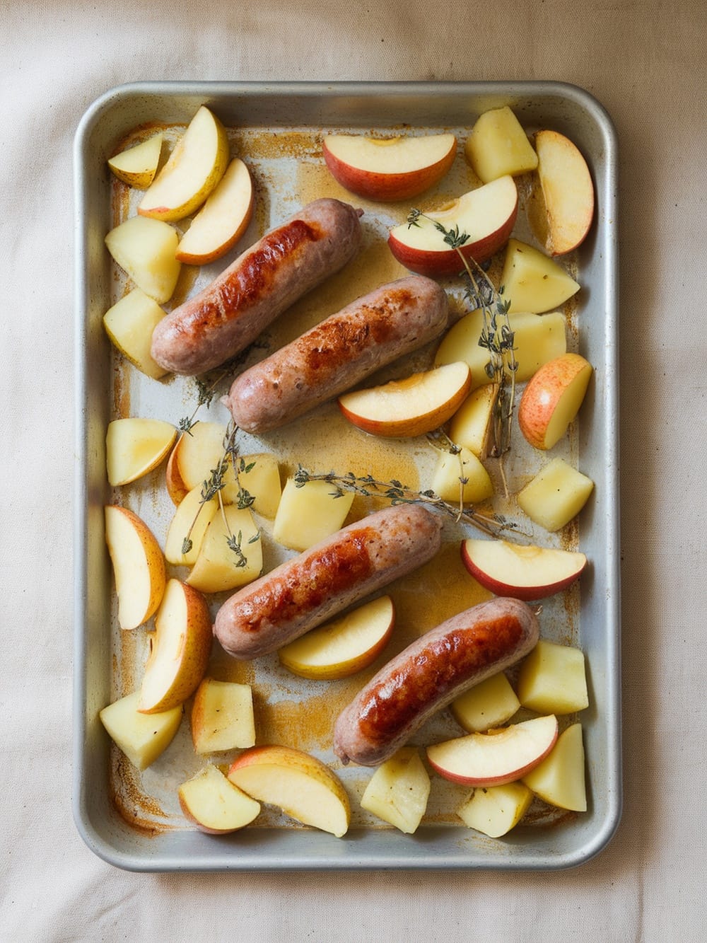 24 Cozy Fall Sheet Pan Dinners for Effortless Weeknights 2 A delicious plate of cider glazed sausage with apples and potatoes, garnished with fresh herbs.