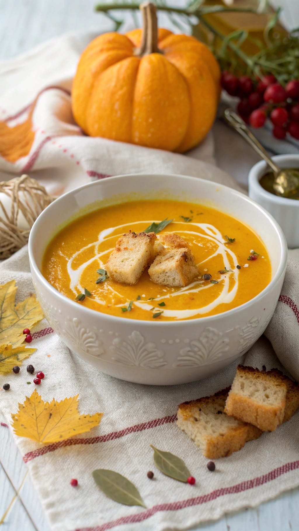 12 Insanely Cozy Fall Soups You’ll Make All Season 3 A bowl of creamy butternut squash soup topped with croutons and herbs, with a pumpkin in the background.