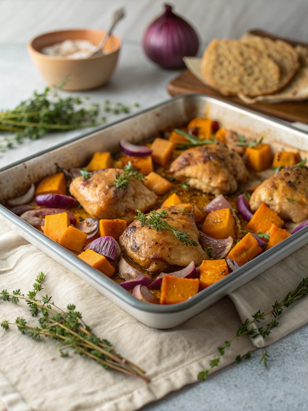 24 Cozy Fall Sheet Pan Dinners for Effortless Weeknights 3 Maple Dijon Chicken Thighs with Butternut Squash and Red Onion on a sheet pan