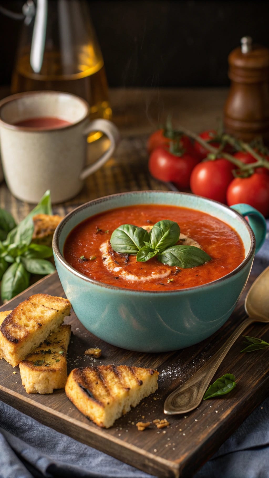 12 Insanely Cozy Fall Soups You’ll Make All Season 6 A bowl of zesty tomato basil soup garnished with basil leaves and served with grilled cheese croutons.
