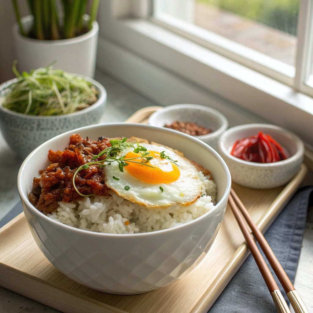 24 Struggle Meals That Actually Taste Great 5 A bowl of egg with rice topped with cheese and green onions.
