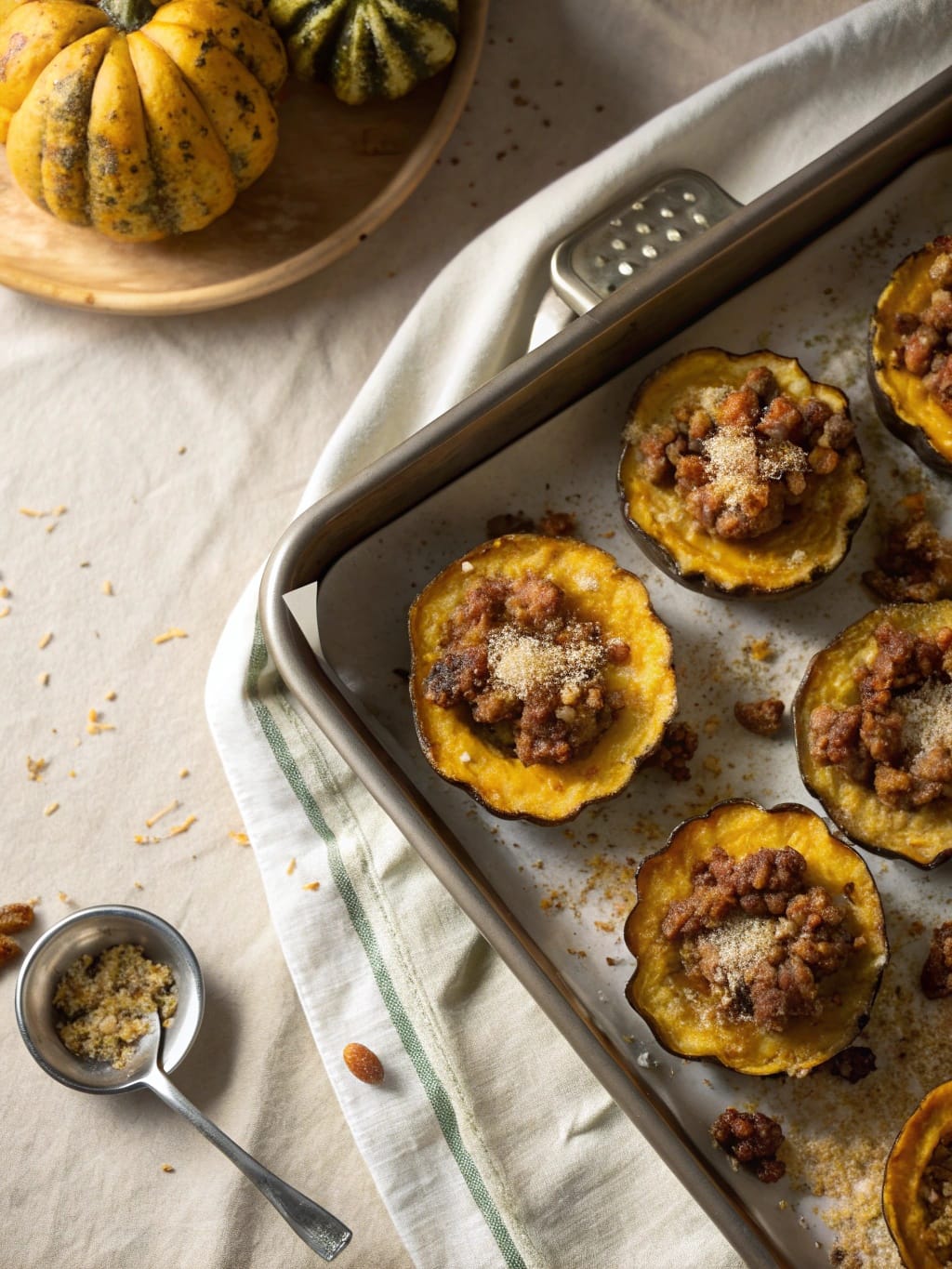 24 Cozy Fall Sheet Pan Dinners for Effortless Weeknights 15 Sausage stuffed acorn squash rings being prepared on a grill.