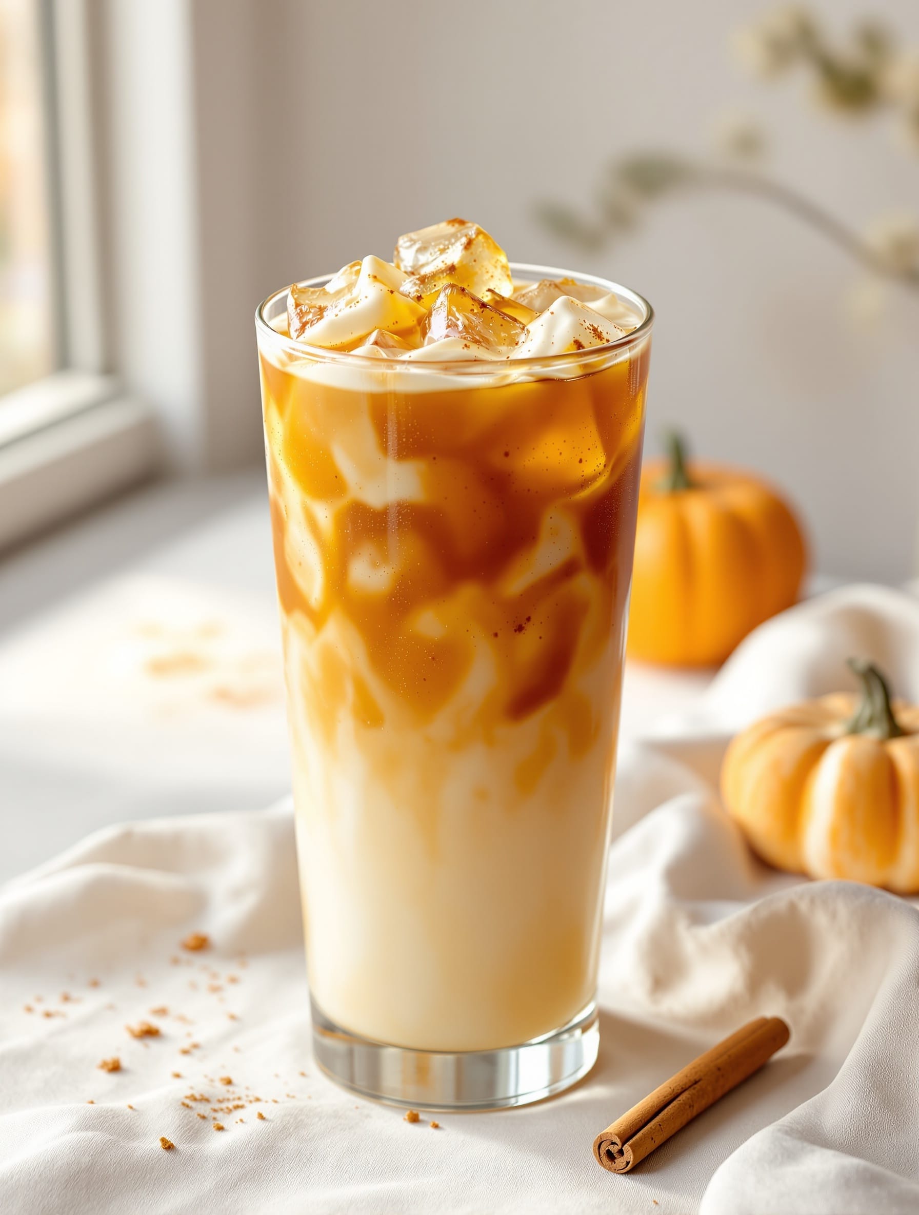 12 Heavy Soda And Dirty Soda Drinks To Try At Home 2 A glass of Pumpkin Cream Soda topped with whipped cream and caramel, surrounded by cinnamon sticks and a small pumpkin.