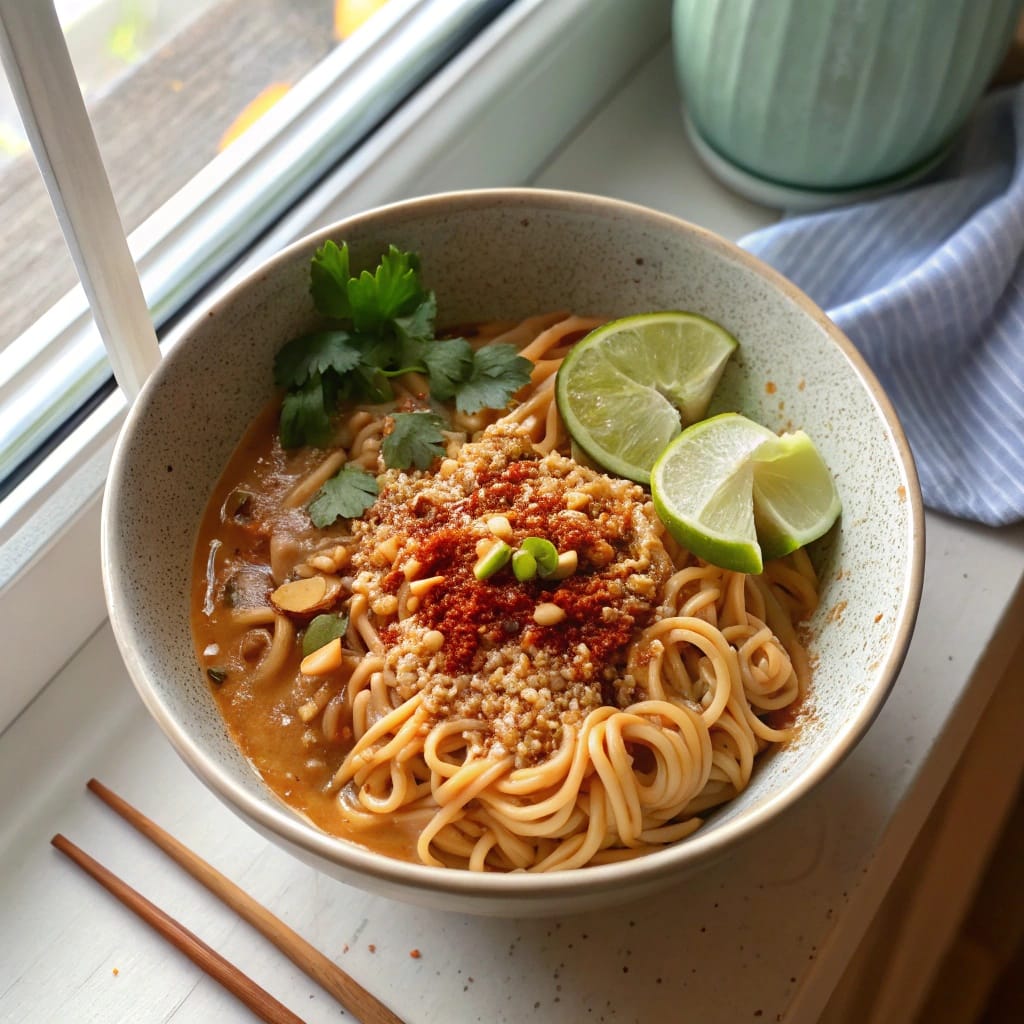 24 Struggle Meals That Actually Taste Great 9 A bowl of ramen noodles mixed with peanut butter and sauce.