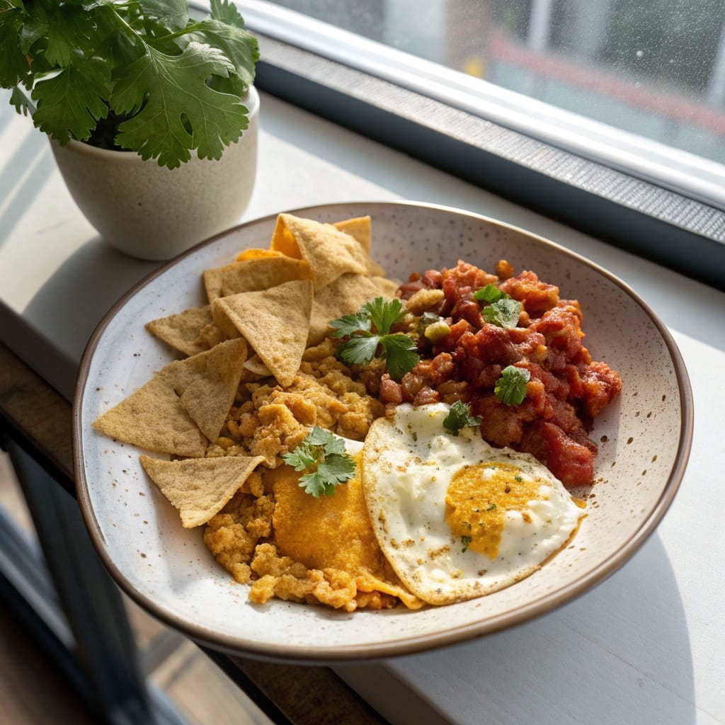 24 Struggle Meals That Actually Taste Great 24 A bowl of budget migas with tortilla chips, cheese, salsa, and scrambled eggs.
