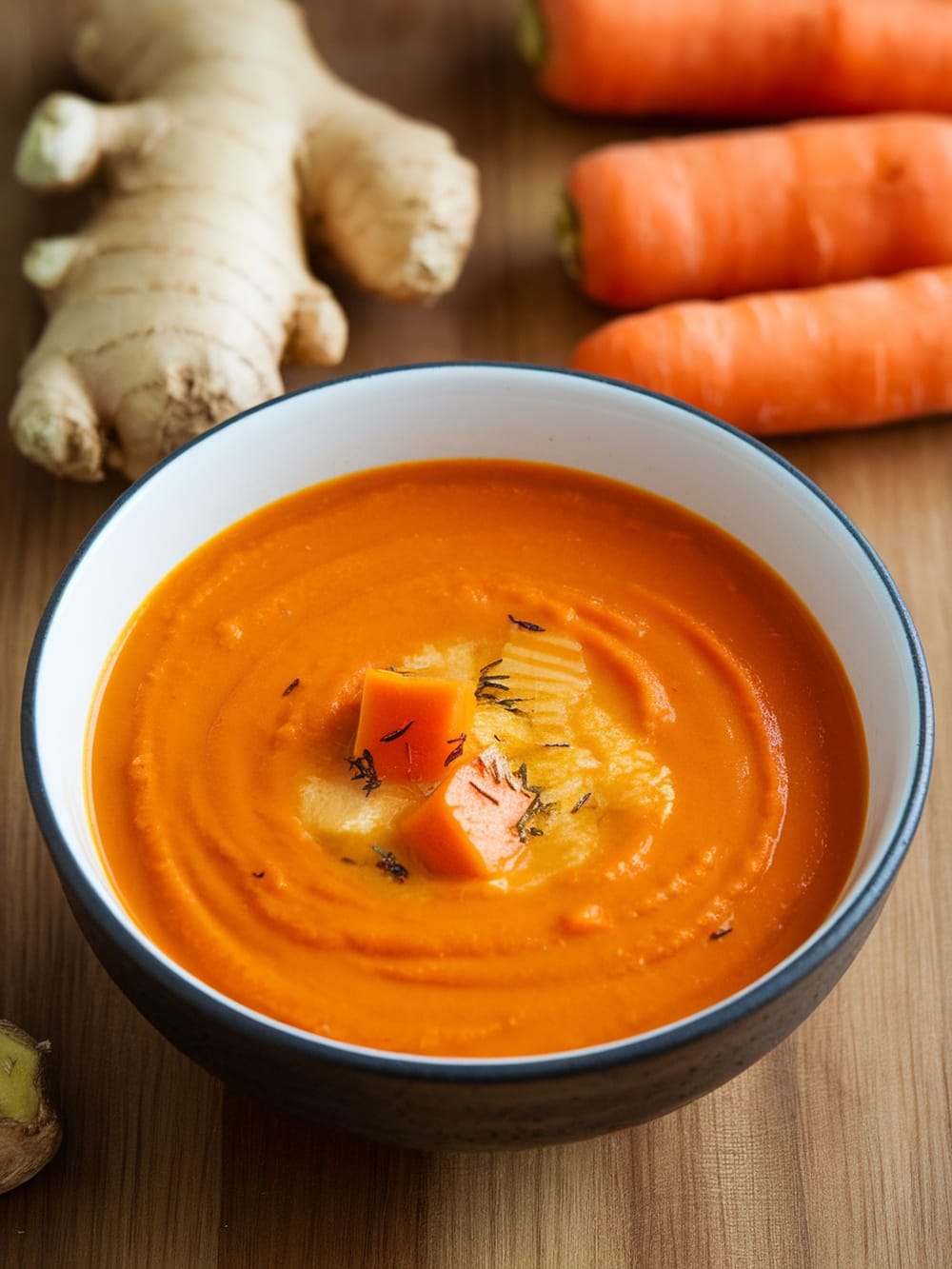 13 Cozy Vegan Soups For Chilly Fall Nights (Easy & Make-Ahead) 8 A bowl of carrot and ginger soup with fresh ginger and carrots in the background.