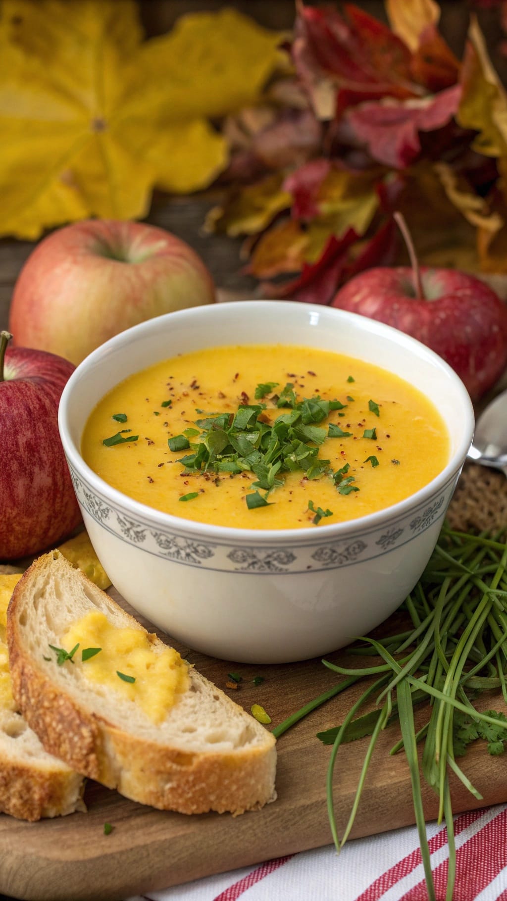 12 Insanely Cozy Fall Soups You’ll Make All Season 4 A bowl of Savory Apple and Cheddar Soup with fresh apples and bread on the side.
