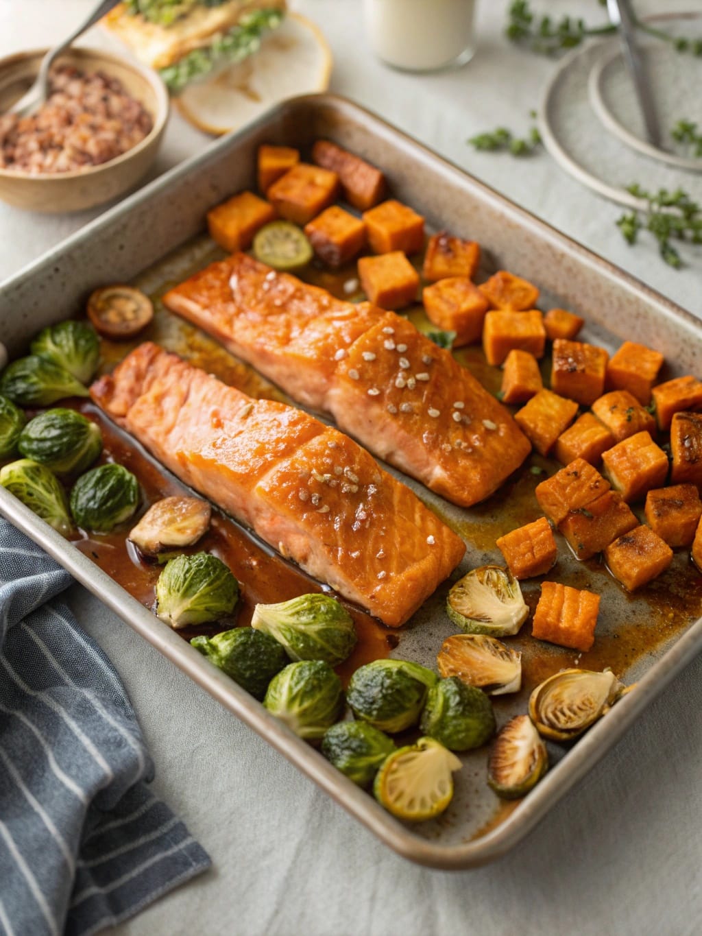 24 Cozy Fall Sheet Pan Dinners for Effortless Weeknights 5 A plate of honey garlic salmon with roasted Brussels sprouts and sweet potatoes.