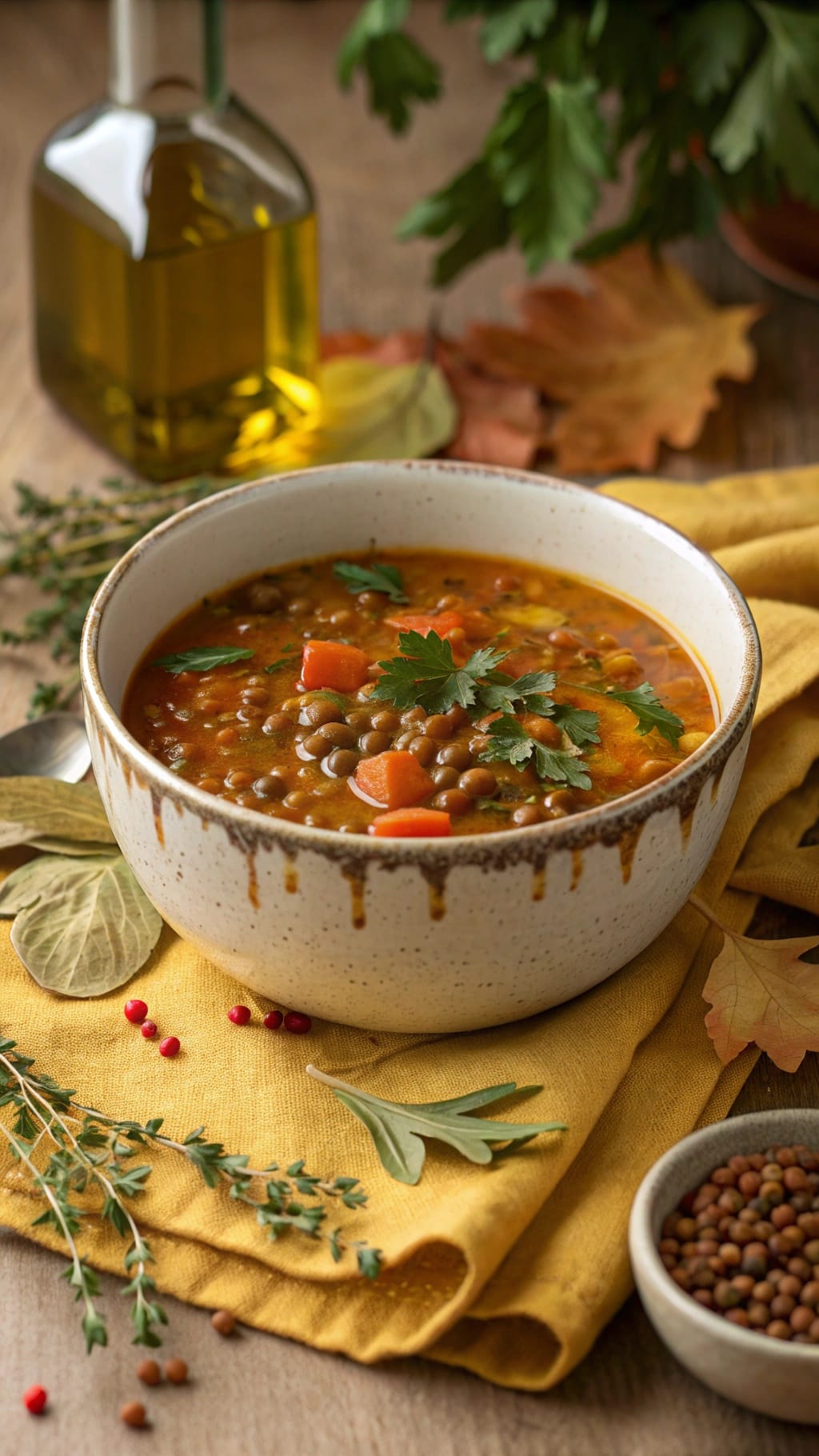 12 Insanely Cozy Fall Soups You’ll Make All Season 13 A bowl of warm lentil soup garnished with parsley, surrounded by autumn leaves and herbs.