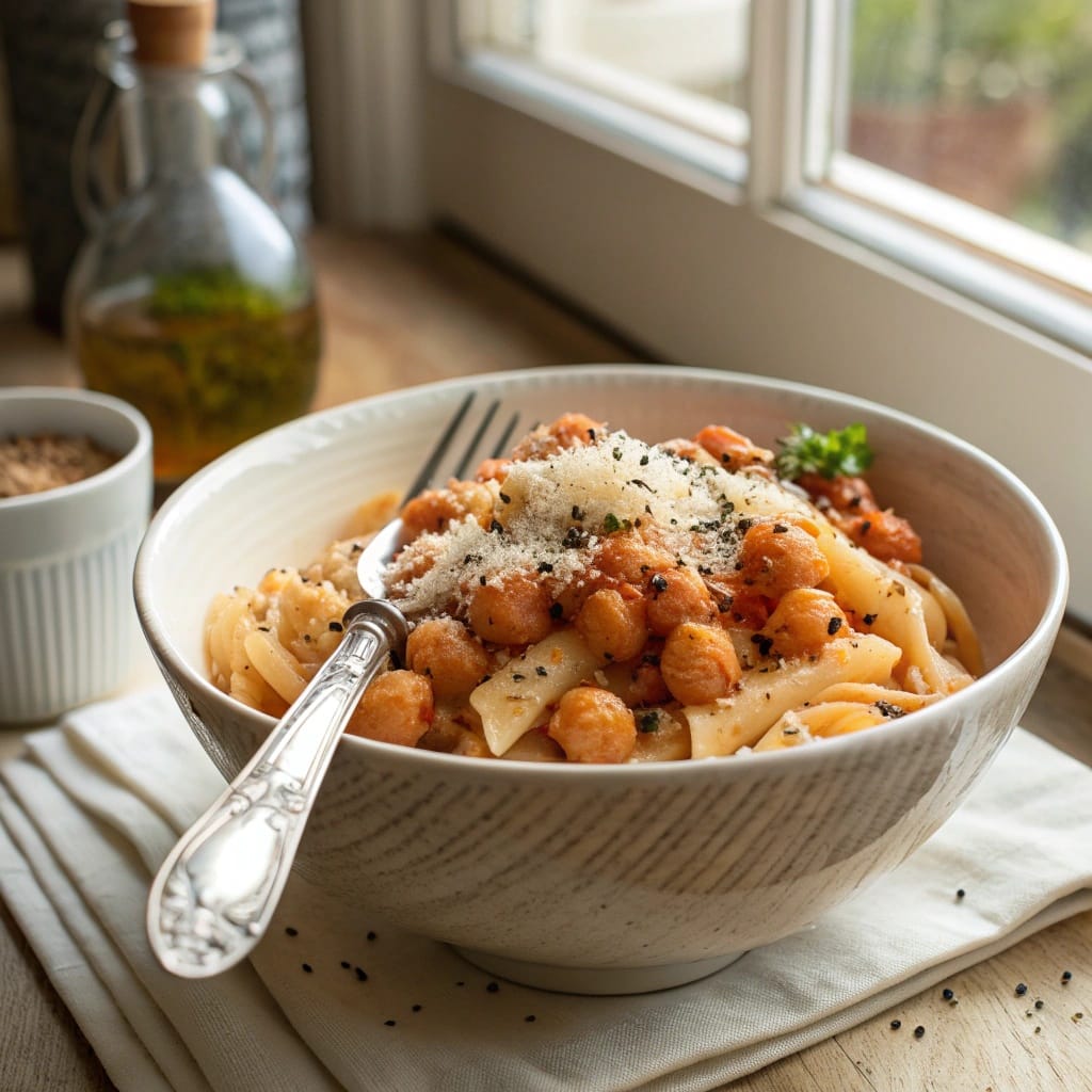 24 Struggle Meals That Actually Taste Great 25 A pot filled with spaghetti, chickpeas, marinara sauce, and cream cheese, ready to be cooked.