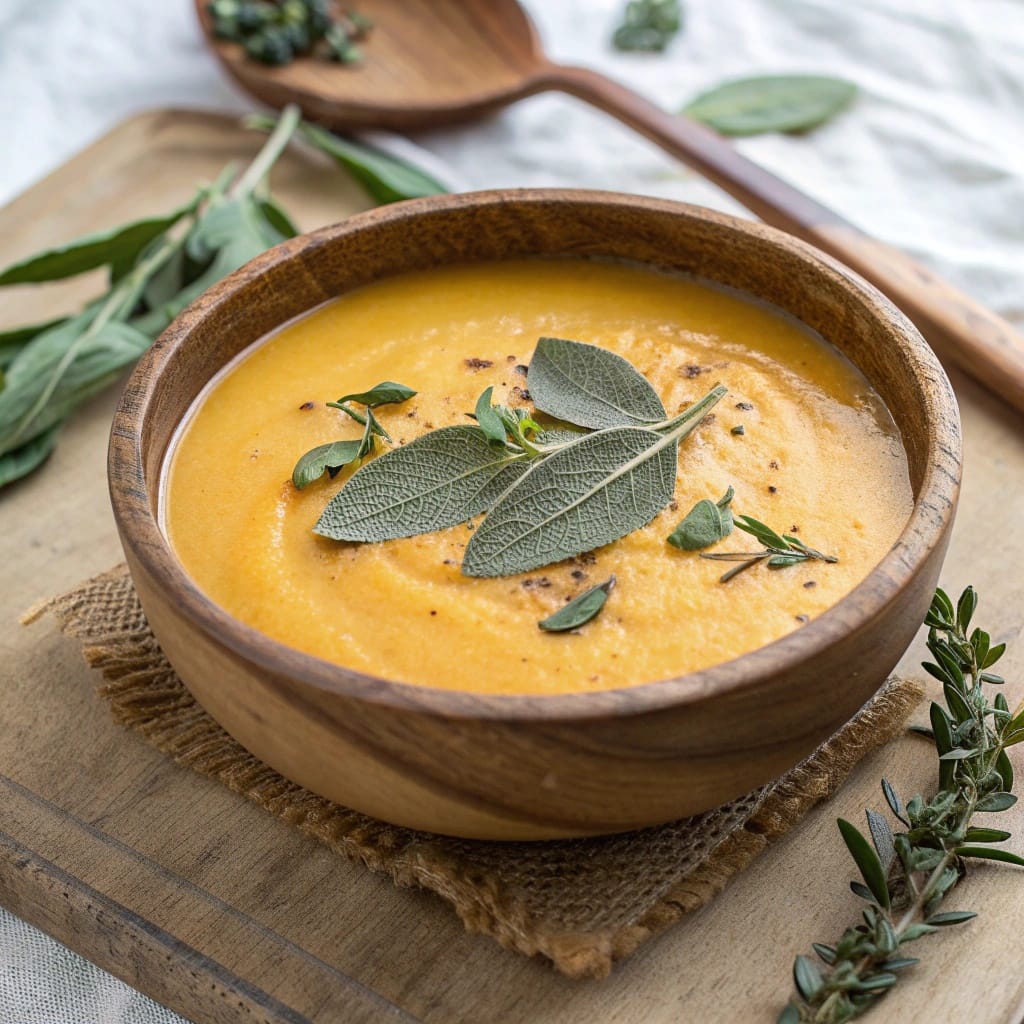 13 Cozy Vegan Soups For Chilly Fall Nights (Easy & Make-Ahead) 5 A bowl of creamy butternut squash and sage soup garnished with sage leaves.