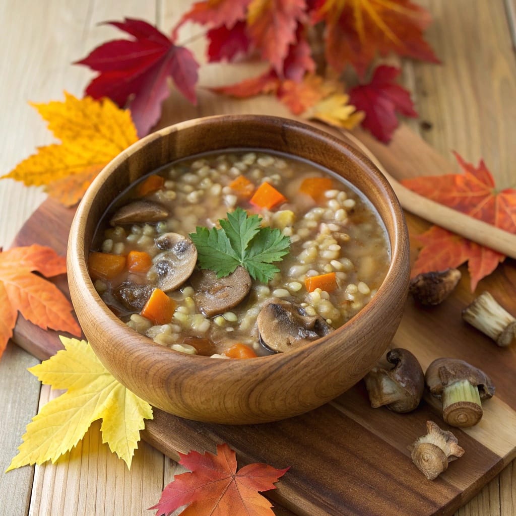 13 Cozy Vegan Soups For Chilly Fall Nights (Easy & Make-Ahead) 3 A bowl of mushroom and barley soup surrounded by colorful autumn leaves