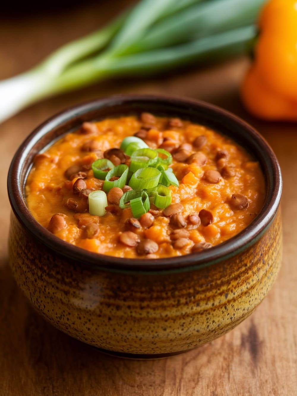 13 Cozy Vegan Soups For Chilly Fall Nights (Easy & Make-Ahead) 9 A bowl of lentil and sweet potato chowder topped with green onions.