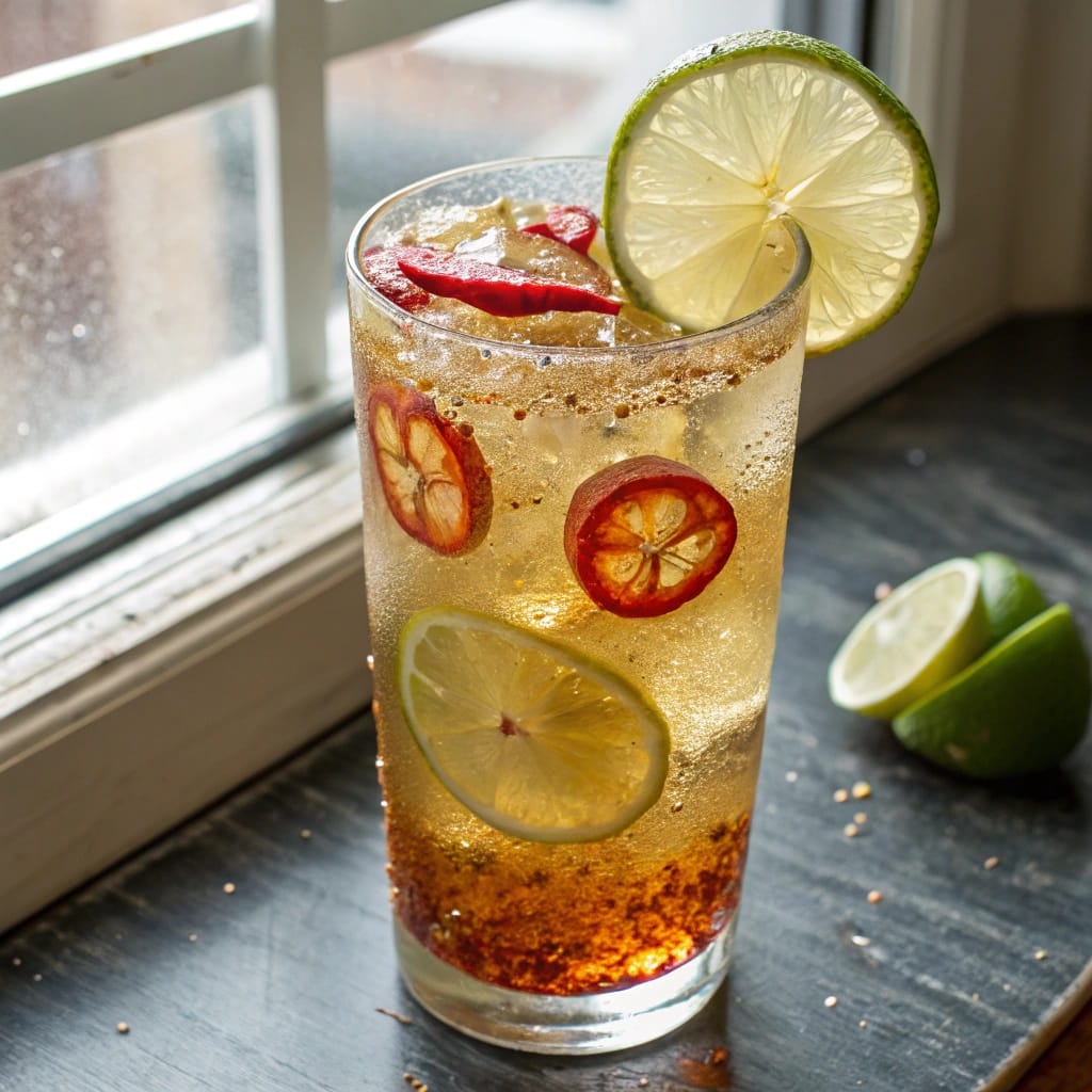 12 Heavy Soda And Dirty Soda Drinks To Try At Home 9 A bottle of Buldak Citrus Fizz with ice and chili peppers, surrounded by limes and lemons.