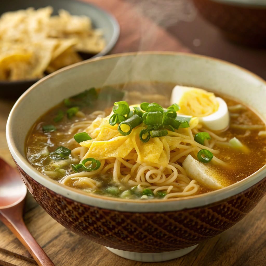 24 Struggle Meals That Actually Taste Great 15 A bowl of steaming egg drop noodle soup topped with green onions.