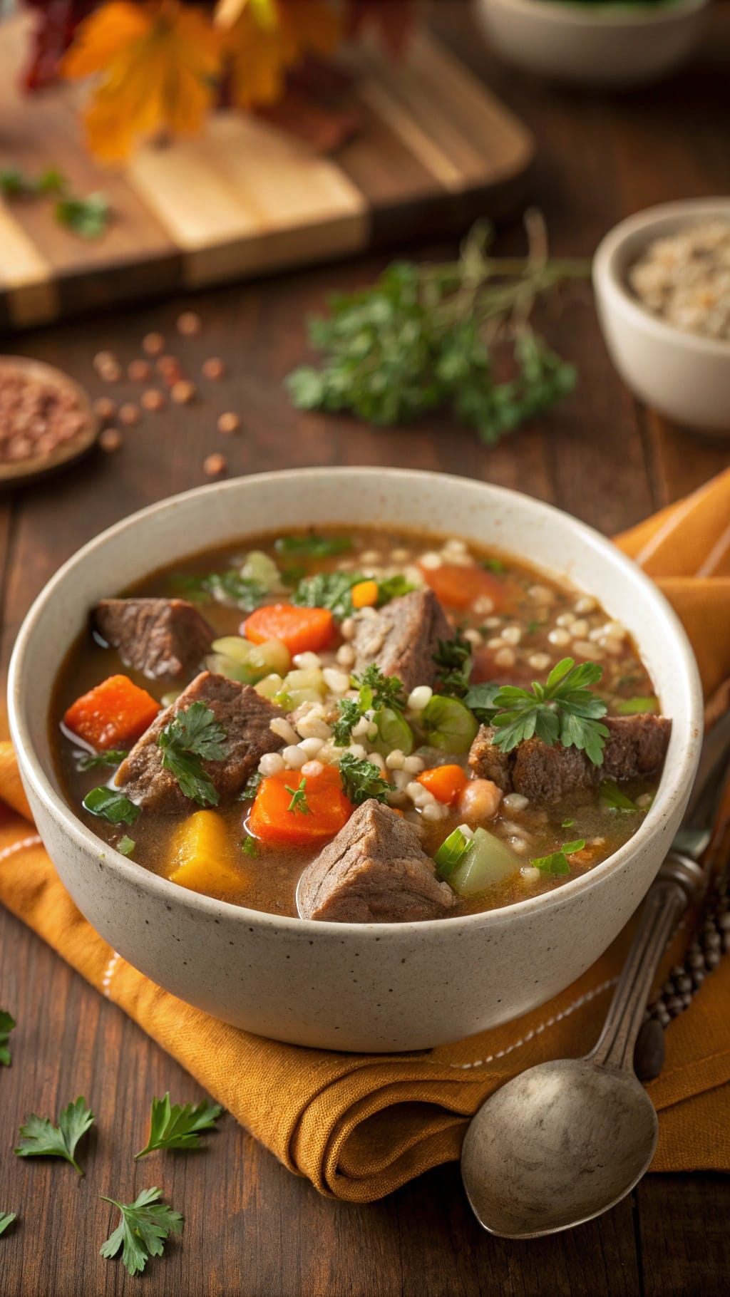 12 Insanely Cozy Fall Soups You’ll Make All Season 11 A bowl of hearty beef and barley soup with vegetables.