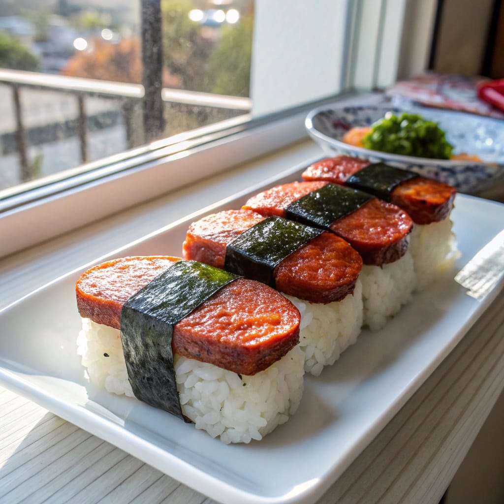 24 Struggle Meals That Actually Taste Great 22 A bowl of Spam musubi-style rice topped with green onions and teriyaki sauce.