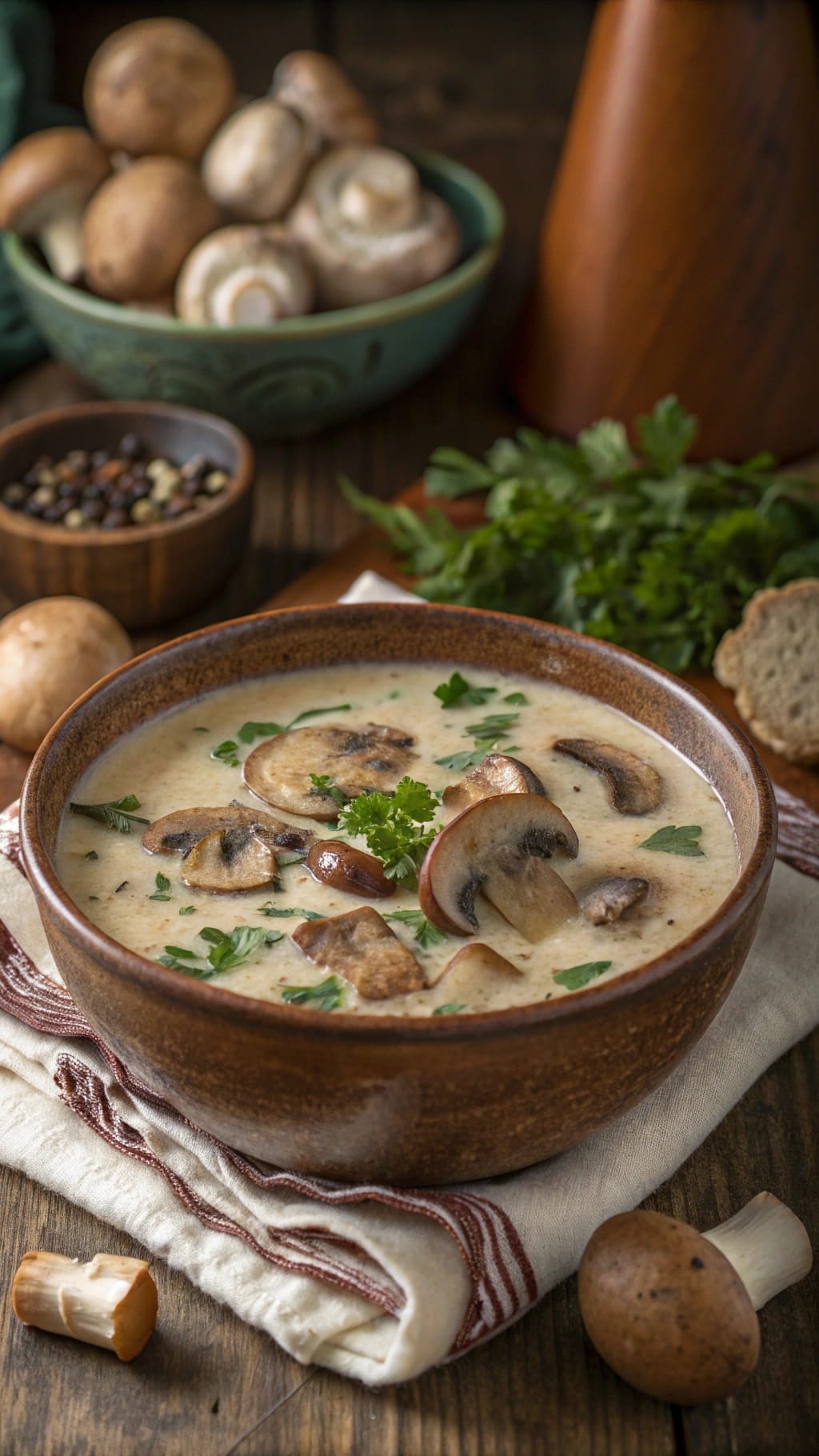 12 Insanely Cozy Fall Soups You’ll Make All Season 7 A bowl of creamy mushroom soup garnished with parsley, surrounded by fresh mushrooms and spices.