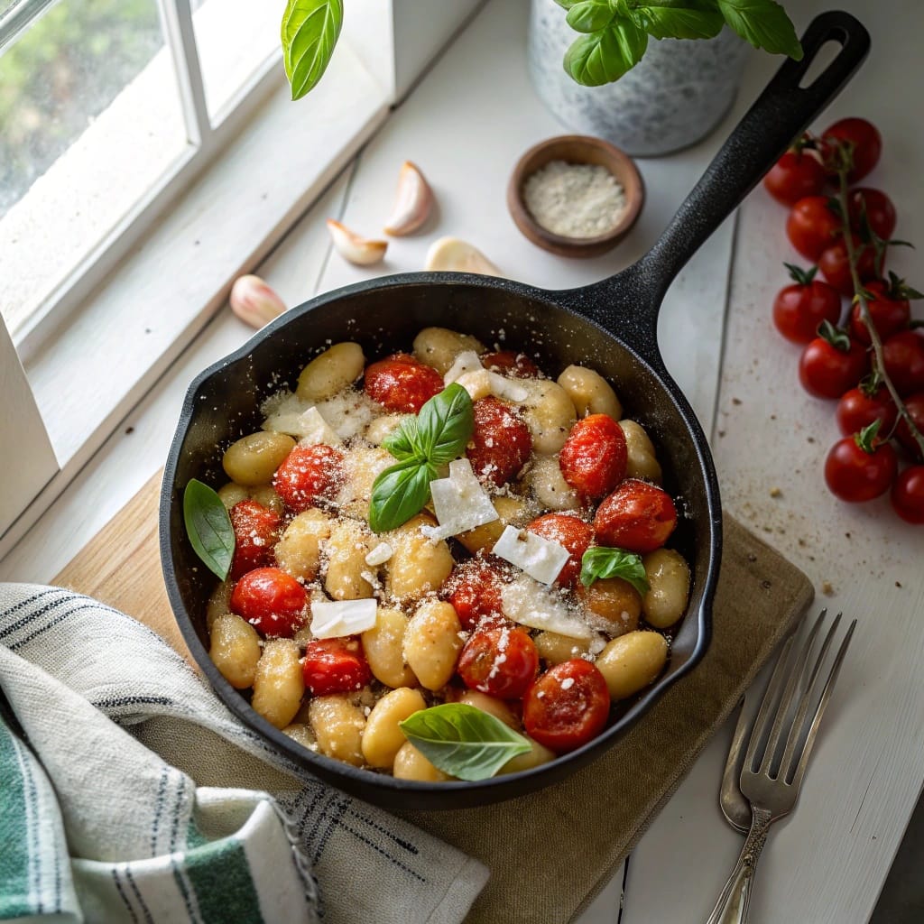 24 Struggle Meals That Actually Taste Great 18 Ingredients for skillet gnocchi with tomatoes including gnocchi, canned tomatoes, garlic, and cheese.