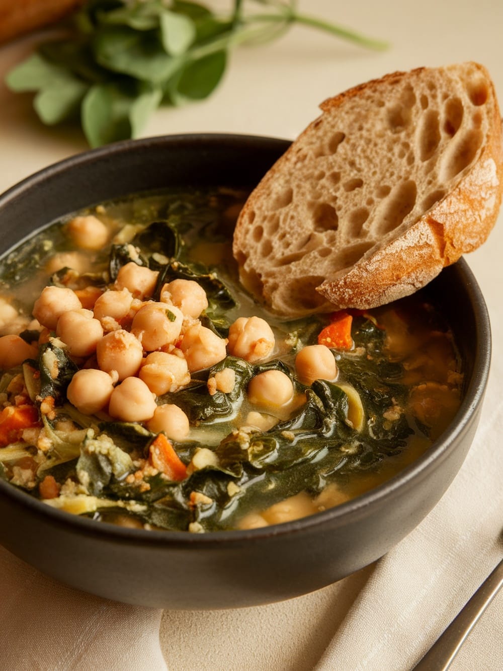 13 Cozy Vegan Soups For Chilly Fall Nights (Easy & Make-Ahead) 4 A bowl of chickpea and spinach soup with a slice of bread on the side.